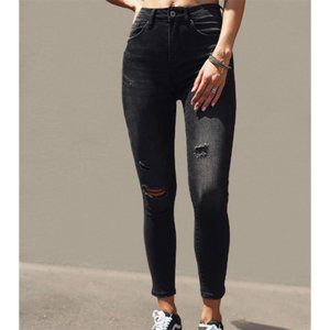 High Rise Black Distressed Skinny Ankle Jeans